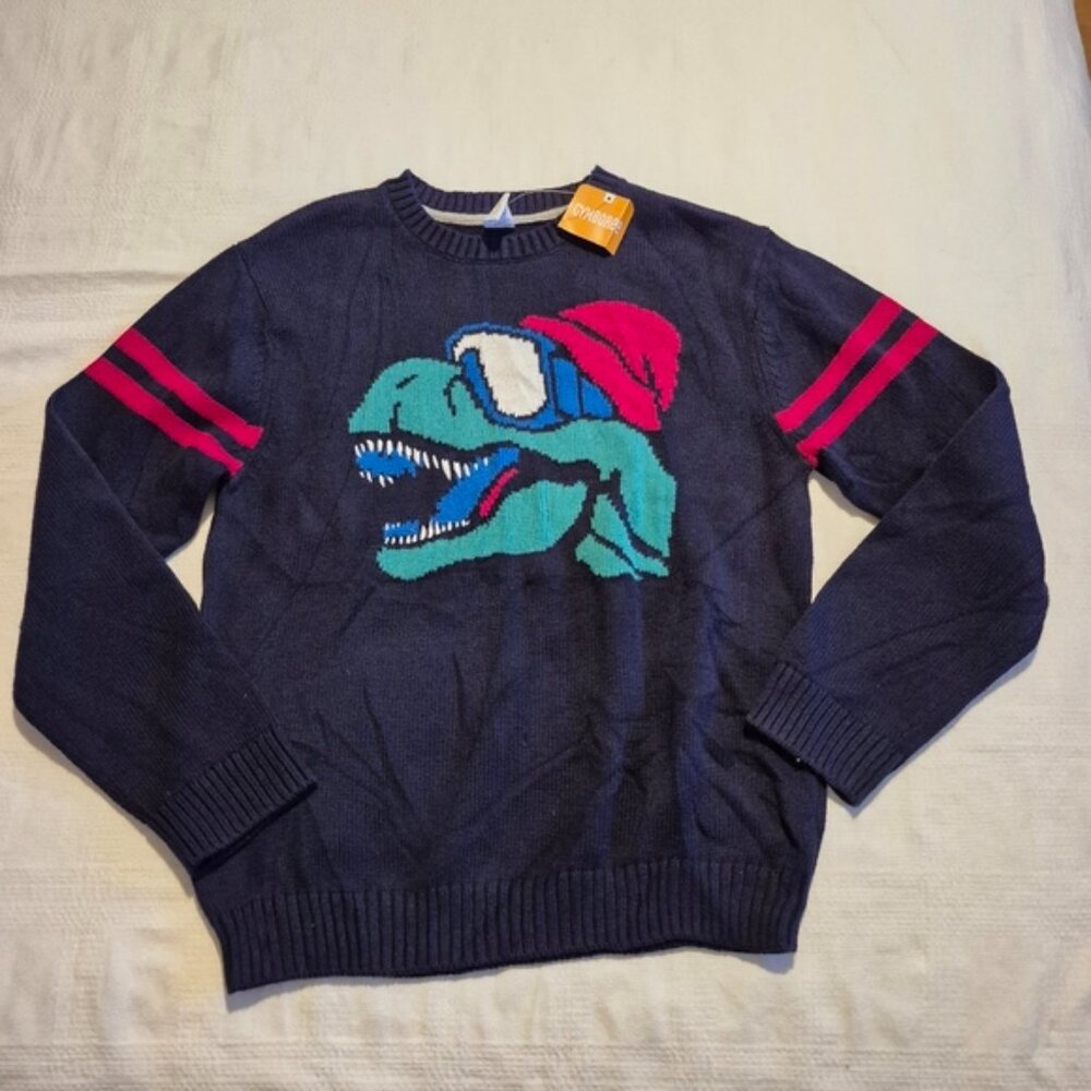 Gymboree boys size XL or 14 blue knit dinosaur in holiday hat sweater, New
